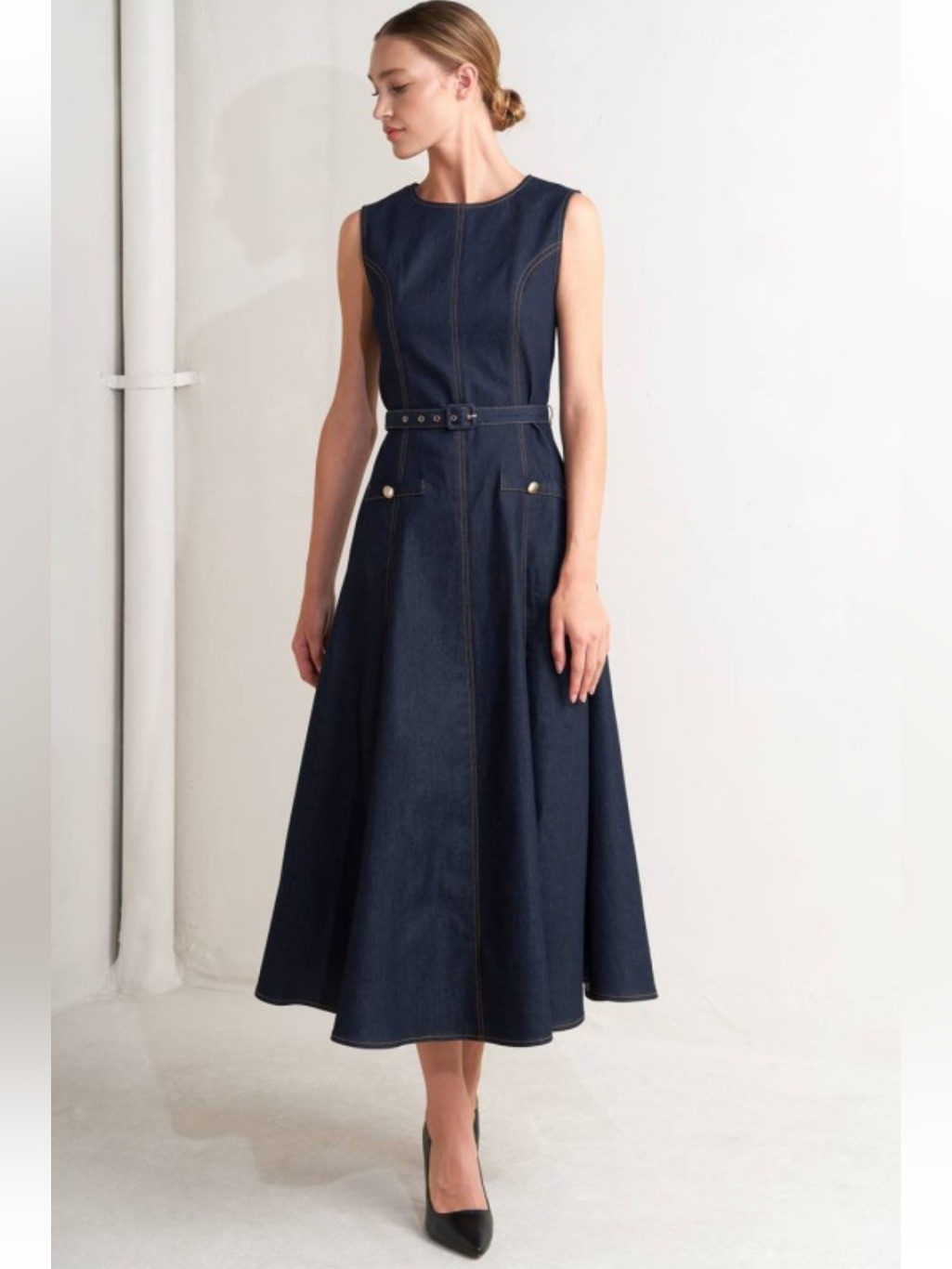 1383 Ultra Dark Wash Sleeveless Classic Full Skirt Belted Gold Button Dress